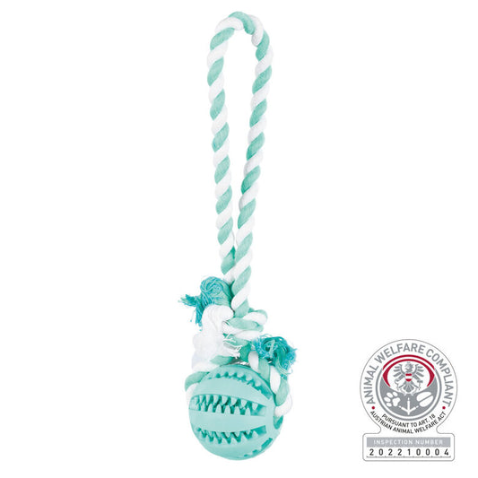 Balle menthe caoutchouc naturel + corde chien Denta Fun Trixie ø 7/24cm