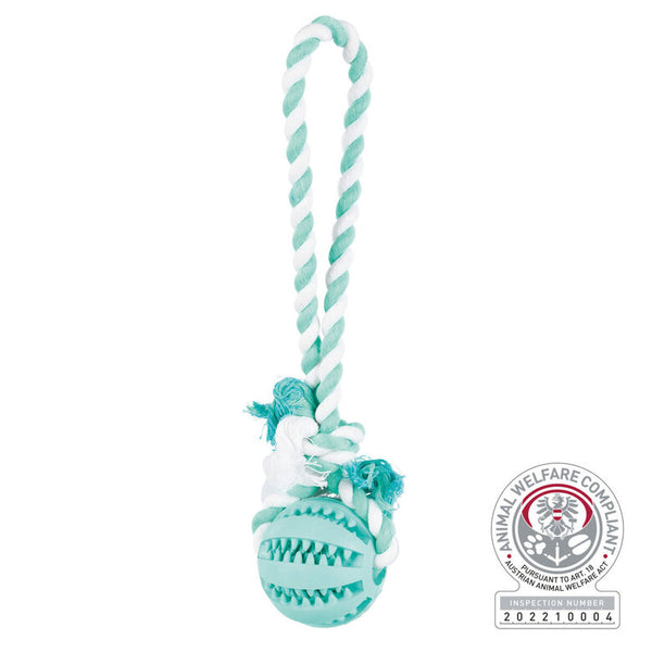 Balle menthe caoutchouc naturel + corde chien Denta Fun Trixie ø 7/24cm